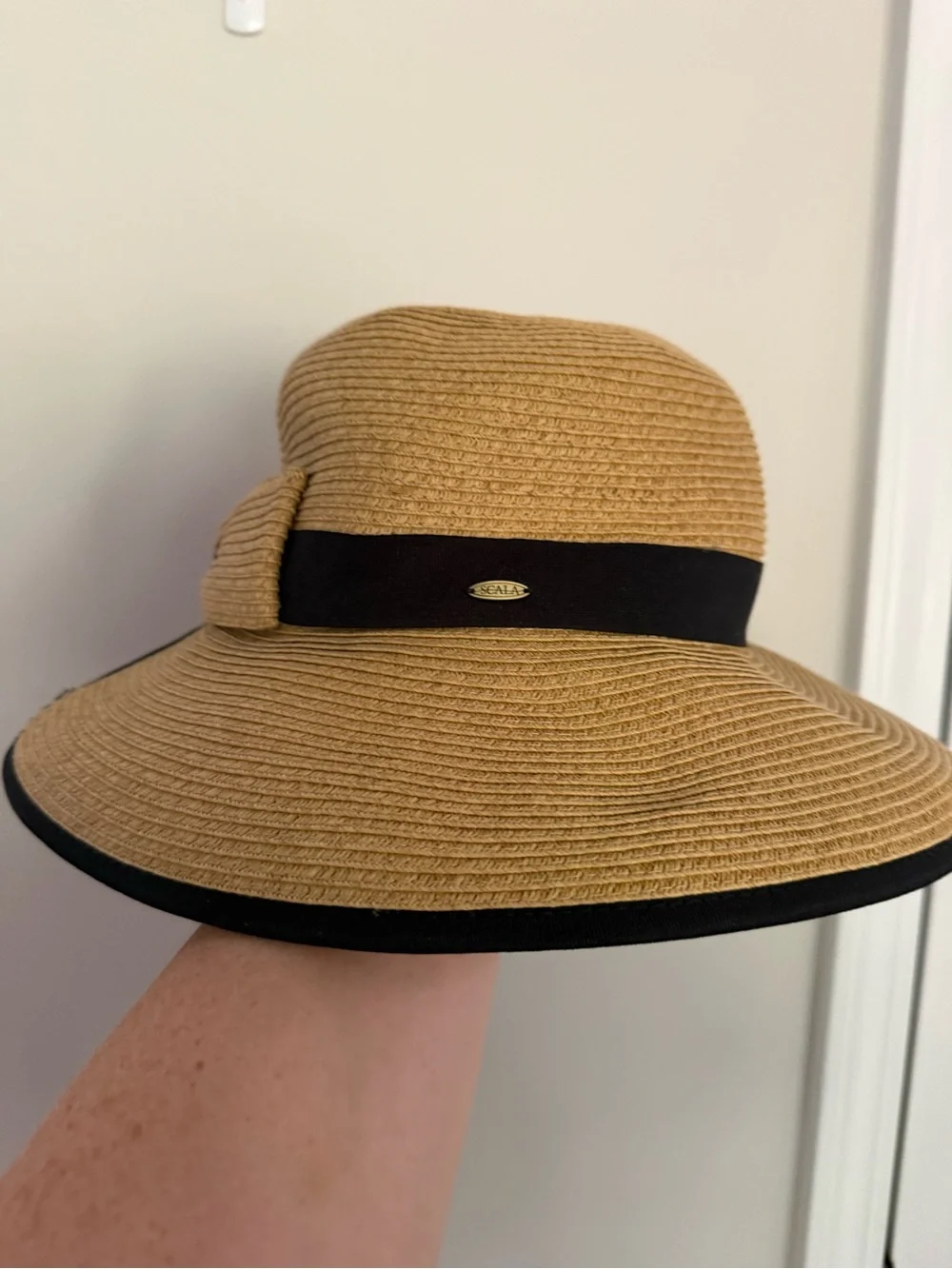Scala Wide Brim Straw Sun Hat - Tan with Black Trim